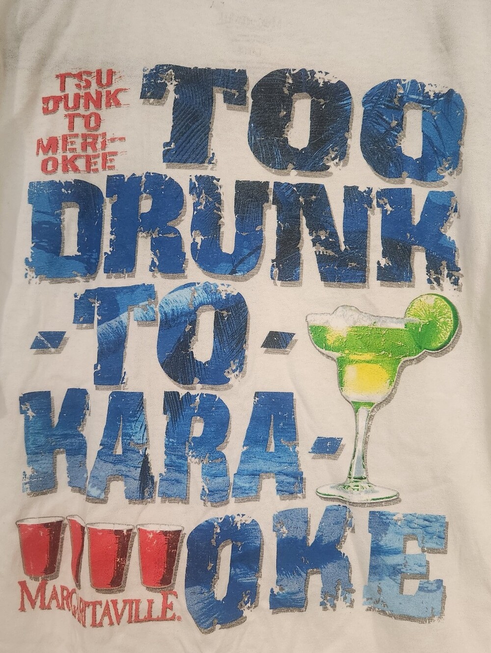 Margaritaville White T‑Shirt Too Drunk To KARAOKE with Blue, Green & Red Graphic